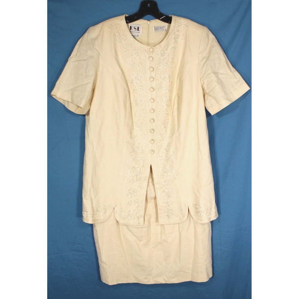 KARIN STEVENS Ivory LINEN BLEND Faux Button EMBELLISHED PEARLS Shift Dress 16W